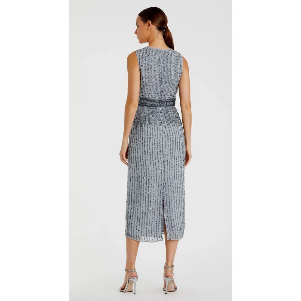 B69 Mac Duggal Sequin Midi Sheath‎ Dress Womens 12 Gray Sleeveless Wedding Guest - Picture 2 of 11